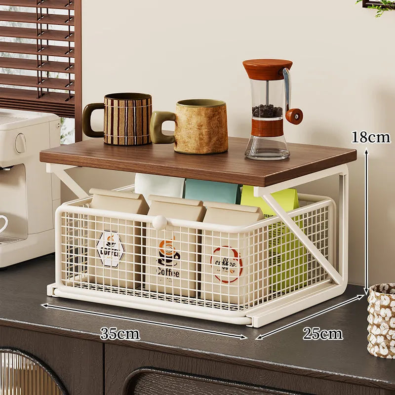 Kitchen Counter Shelf Organizer Ironwood Drawer Storage Rack Coffee Accessories Station for Room and Pantry Home Storage