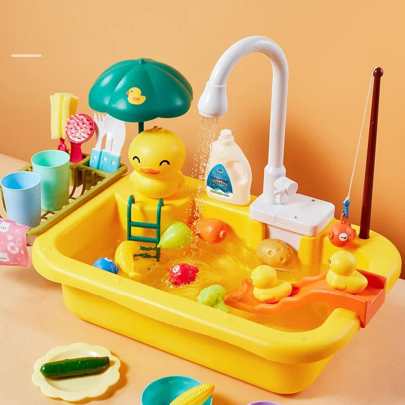 Kids Kitchen Sink Toy Electric Dishwasher Playing Toy With Running Water Pretend Play Food and Fishing Toy Great for Girls or Boys Gift