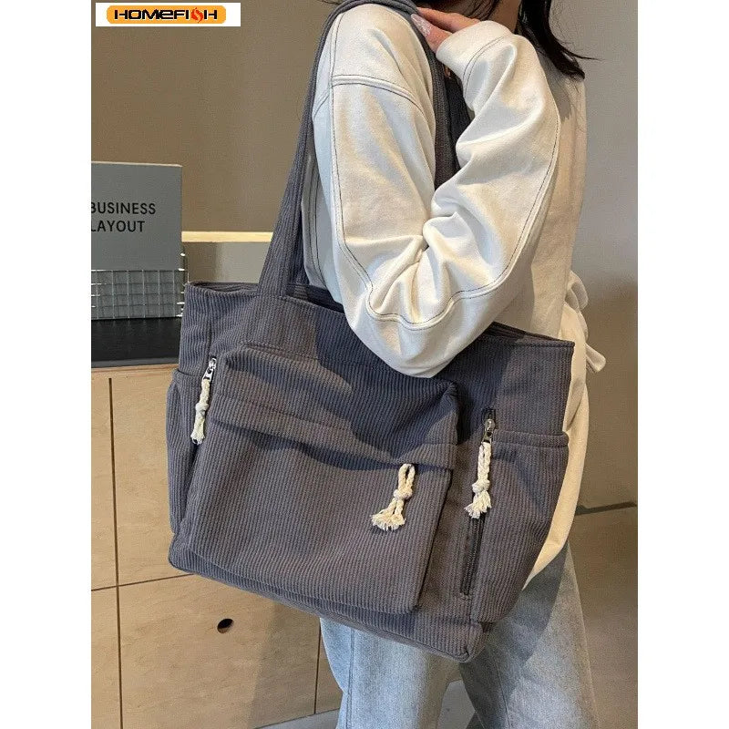 Homefish Travel Master Corduroy Shoulder Bag Casual Solid Color with Multiple Pocket Tote Bag For Women