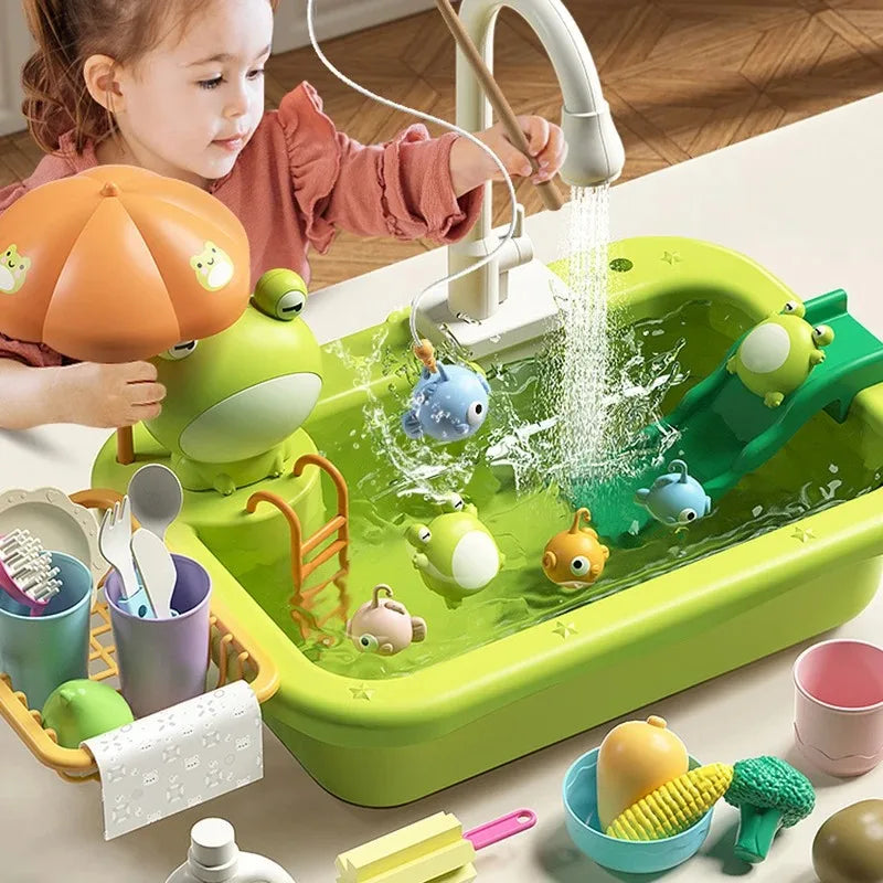 Kids Kitchen Sink Toy Electric Dishwasher Playing Toy With Running Water Pretend Play Food and Fishing Toy Great for Girls or Boys Gift