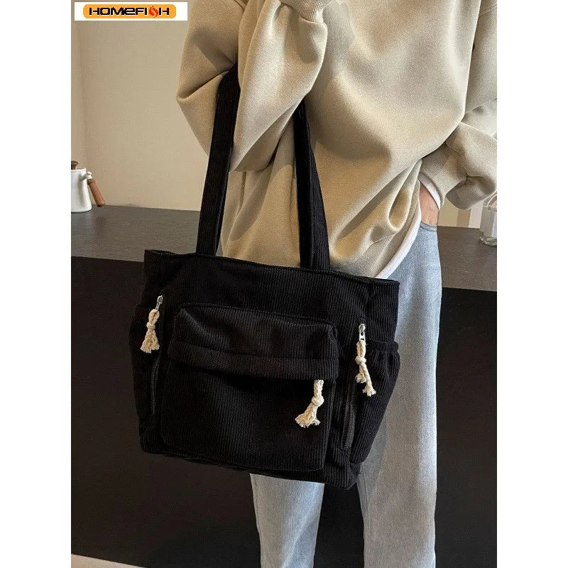 Homefish Travel Master Corduroy Shoulder Bag Casual Solid Color with Multiple Pocket Tote Bag For Women
