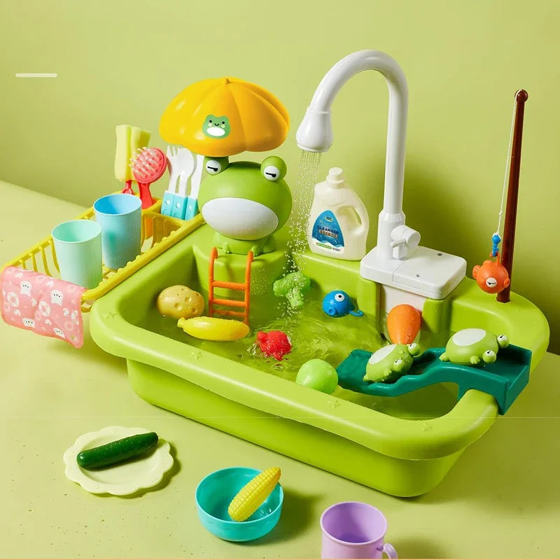 Kids Kitchen Sink Toy Electric Dishwasher Playing Toy With Running Water Pretend Play Food and Fishing Toy Great for Girls or Boys Gift