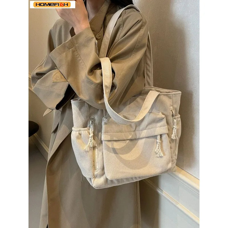 Homefish Travel Master Corduroy Shoulder Bag Casual Solid Color with Multiple Pocket Tote Bag For Women