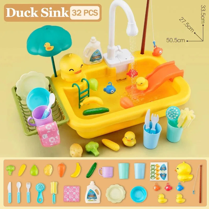 Kids Kitchen Sink Toy Electric Dishwasher Playing Toy With Running Water Pretend Play Food and Fishing Toy Great for Girls or Boys Gift