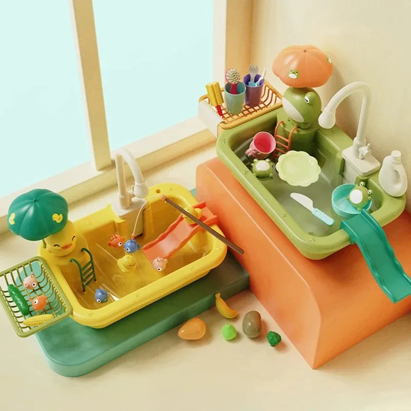 Kids Kitchen Sink Toy Electric Dishwasher Playing Toy With Running Water Pretend Play Food and Fishing Toy Great for Girls or Boys Gift