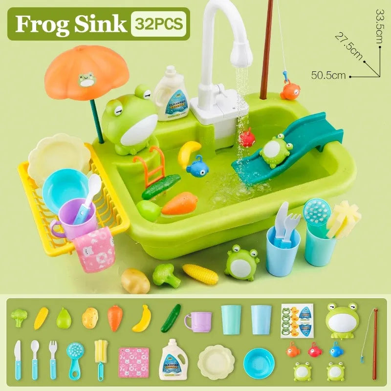 Kids Kitchen Sink Toy Electric Dishwasher Playing Toy With Running Water Pretend Play Food and Fishing Toy Great for Girls or Boys Gift