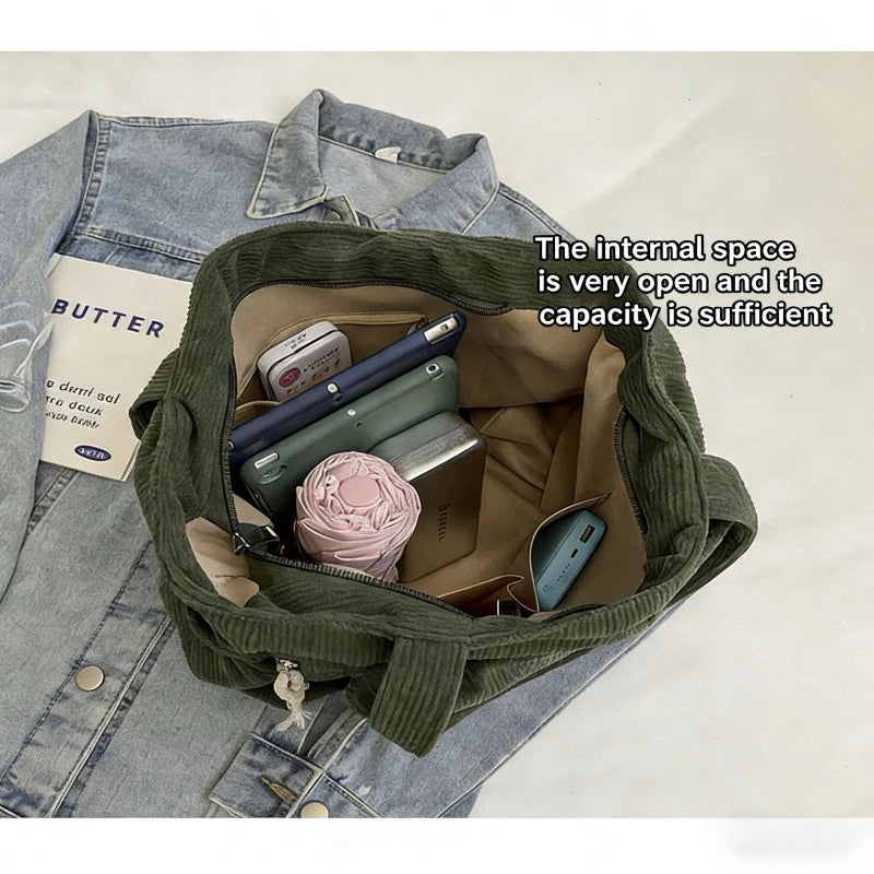 Homefish Travel Master Corduroy Shoulder Bag Casual Solid Color with Multiple Pocket Tote Bag For Women