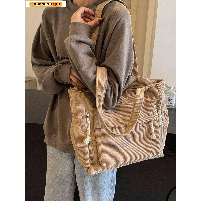 Homefish Travel Master Corduroy Shoulder Bag Casual Solid Color with Multiple Pocket Tote Bag For Women
