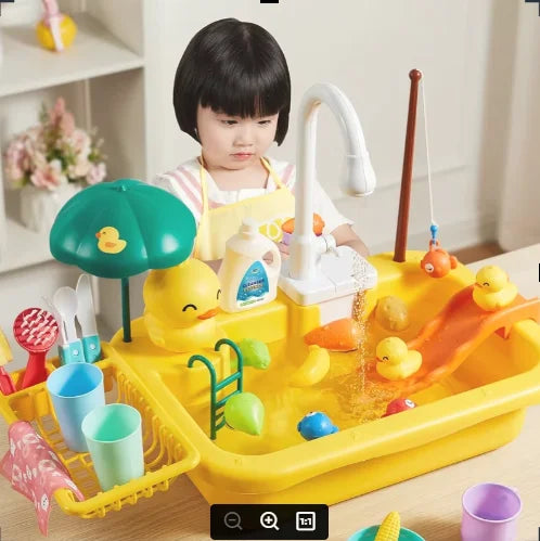 Kids Kitchen Sink Toy Electric Dishwasher Playing Toy With Running Water Pretend Play Food and Fishing Toy Great for Girls or Boys Gift